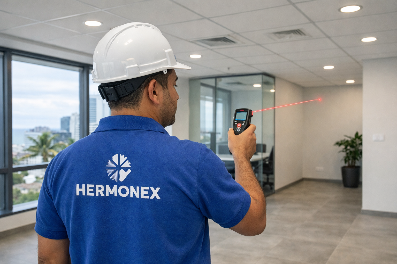 Engenheiro da Hermonex utiliza medidor a laser para calcular a área de uma sala comercial em Salvador antes da instalação de um sistema de 12.000 BTUs.