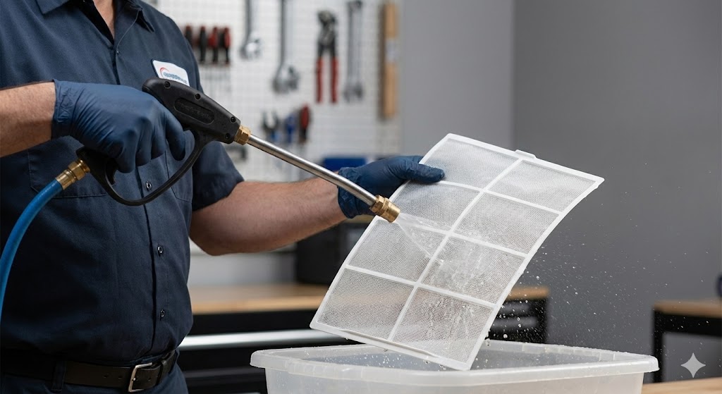 Técnico realizando manutenção e limpeza de ar condicionado em Lauro de Freitas.
