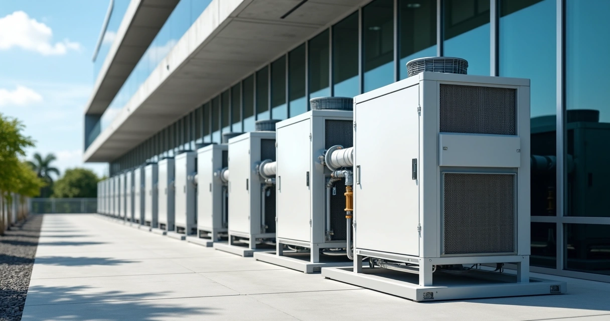 Unidade de chiller modular instalada em área externa de prédio comercial e industrial