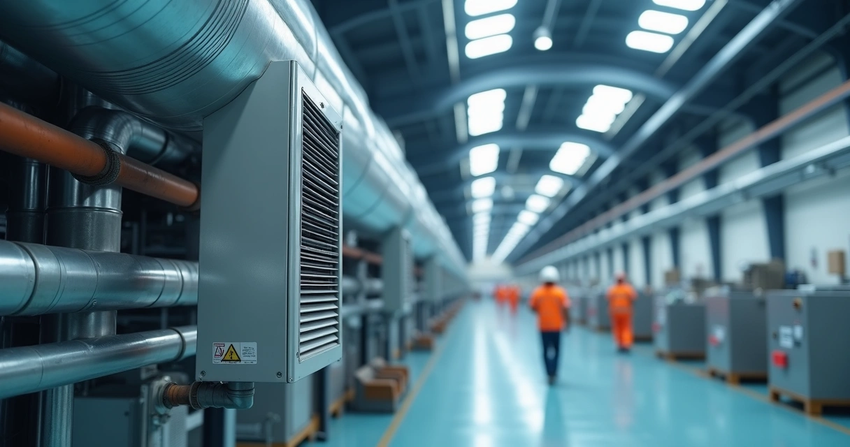 Unidade fancoil instalada em teto de galpão climatizando grande ambiente industrial
