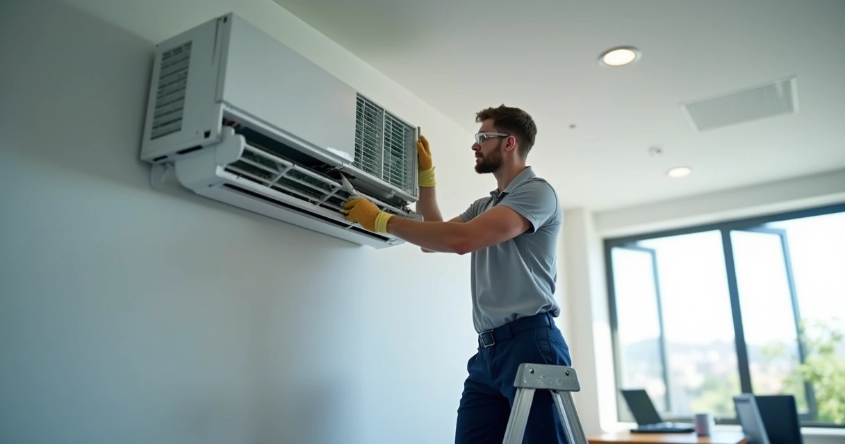 Técnico limpando filtro de ar condicionado split em ambiente corporativo