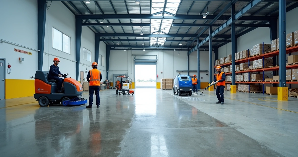 Equipe realizando limpeza profissional em galpão industrial amplo