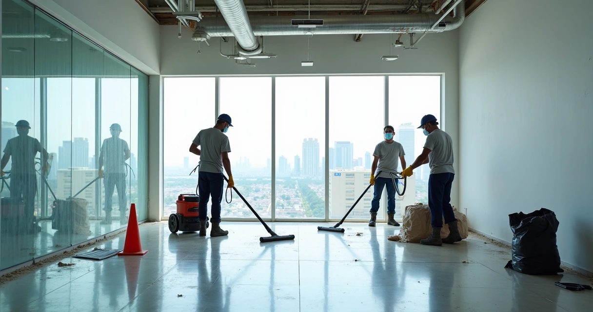 Equipe realizando limpeza pós-obra em escritório corporativo moderno