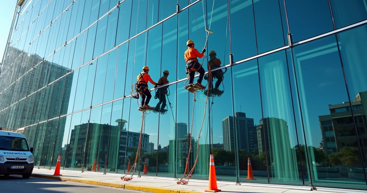 Equipe realizando limpeza profissional de vidros em fachada de prédio comercial alto