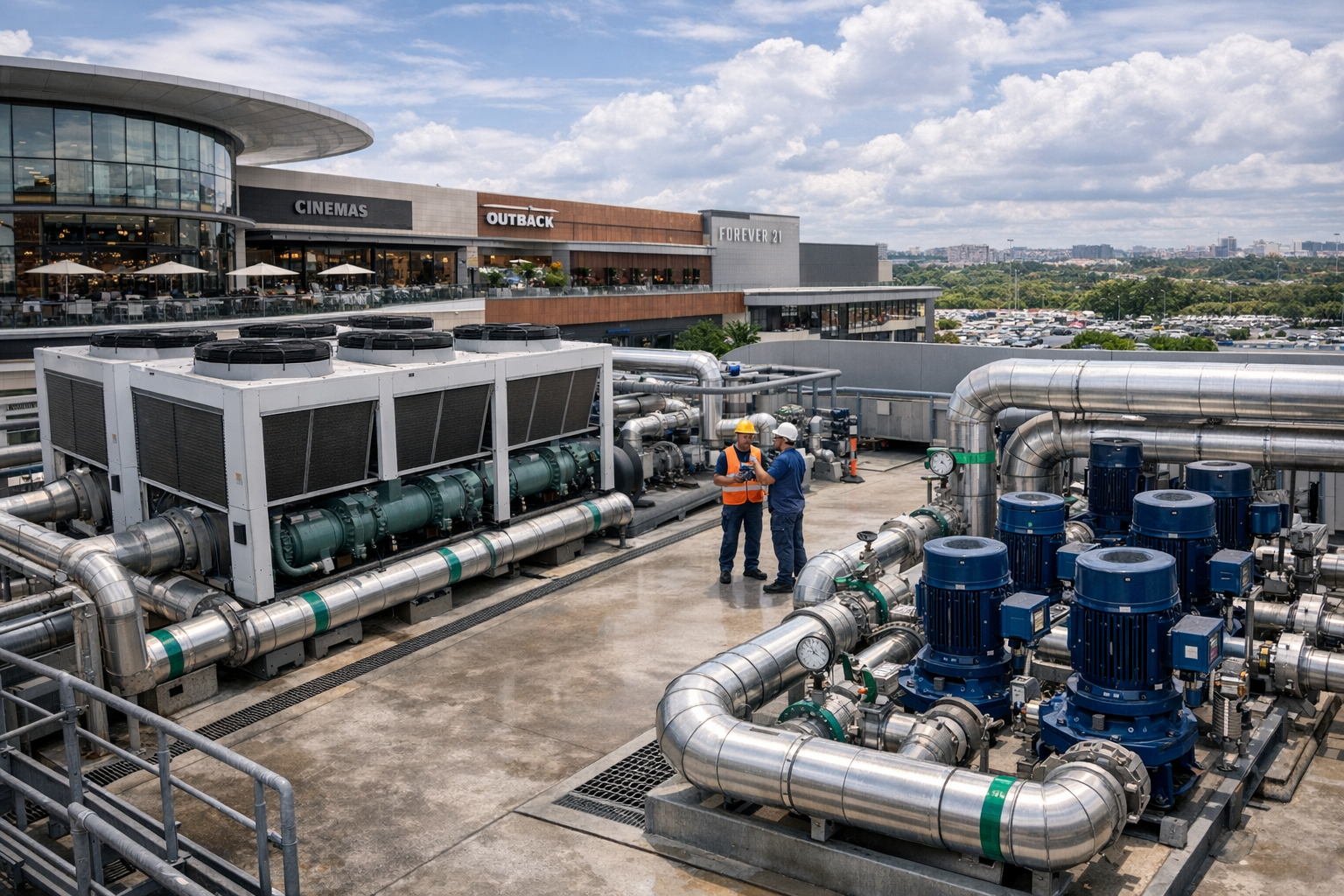 Vista panorâmica de uma Central de Água Gelada (CAG) em um shopping center, destacando chillers e bombas de água com manutenção em dia.