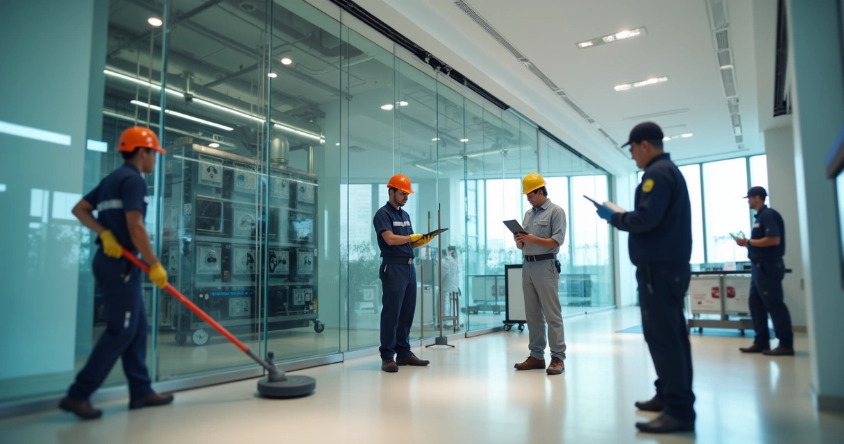 Equipe de facilities terceirizada com EPI atuando em limpeza, manutenção e segurança em prédio corporativo