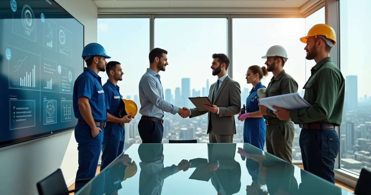 Equipe terceirizada de diferentes áreas reunida em ambiente corporativo moderno