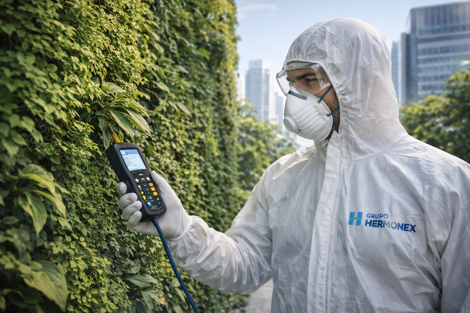 Técnico especializado realizando controle de pragas sustentável e sanitização ambiental em Salvador - Grupo Hermonex
