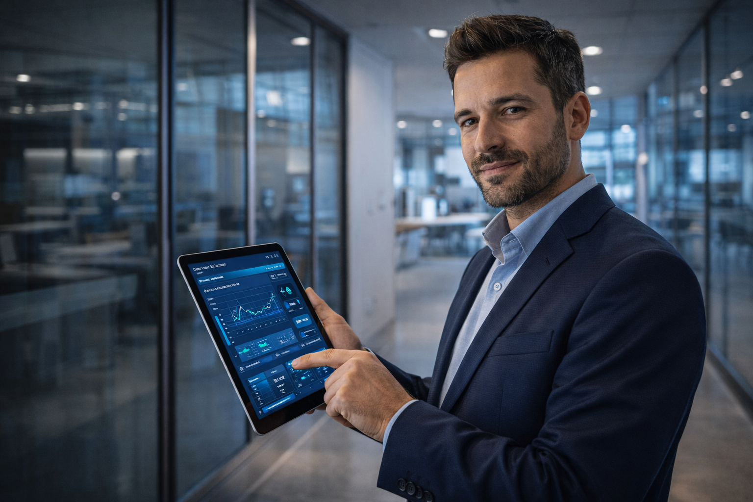 Gestor de facilities analisando indicadores de performance e manutenção predial em tablet digital - Grupo Hermonex