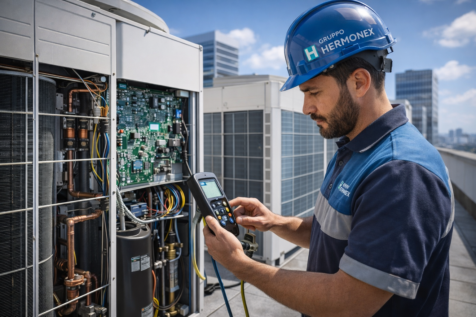 Técnico especializado realizando manutenção de ar condicionado VRF de alta eficiência energética - Grupo Hermonex