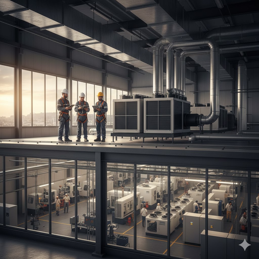 engenheiro realizando manutenção de ar condicionado industrial de alta eficiência Grupo Hermonex.