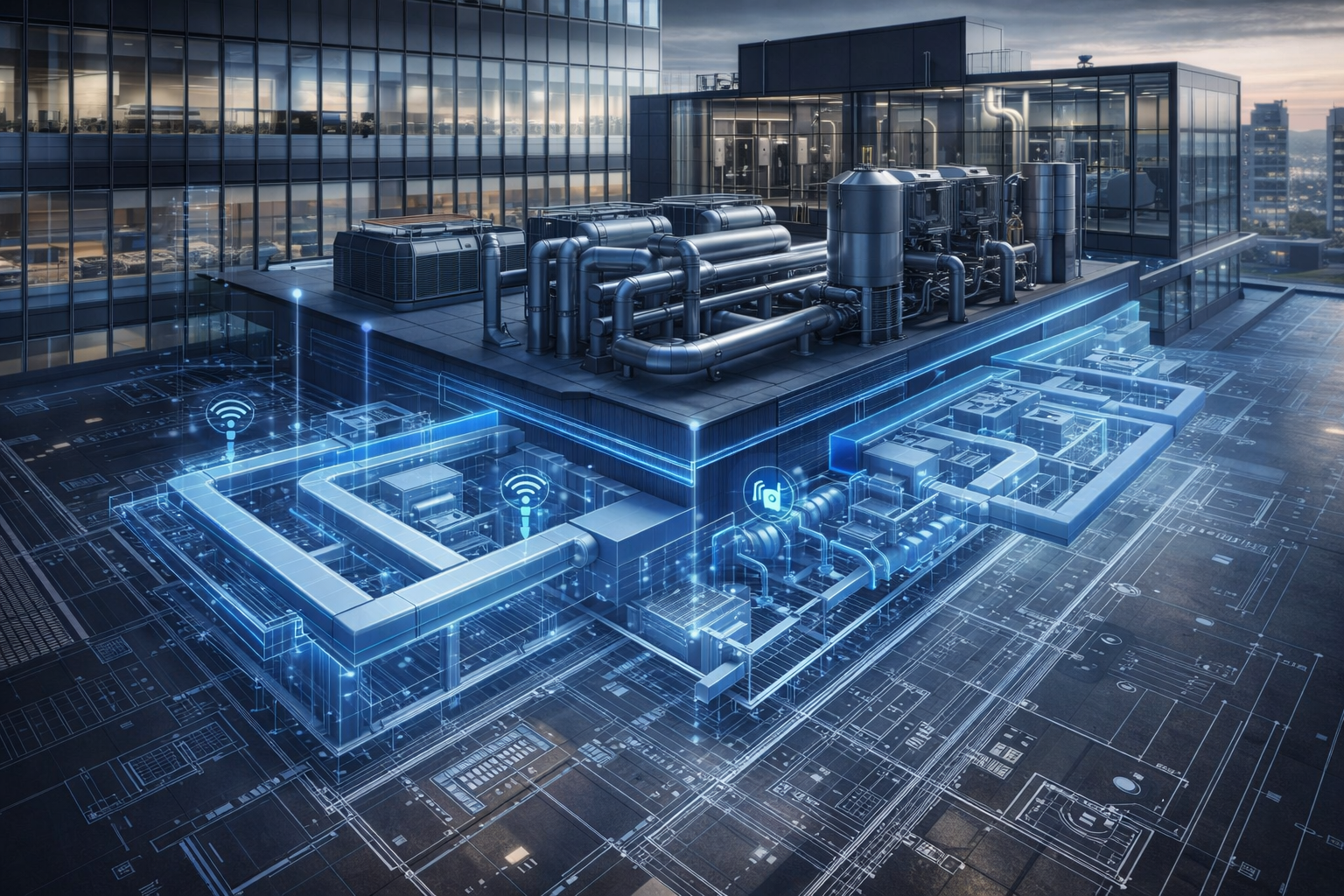 Renderização técnica de projetos de climatização e automação predial de alta eficiência - Grupo Hermonex