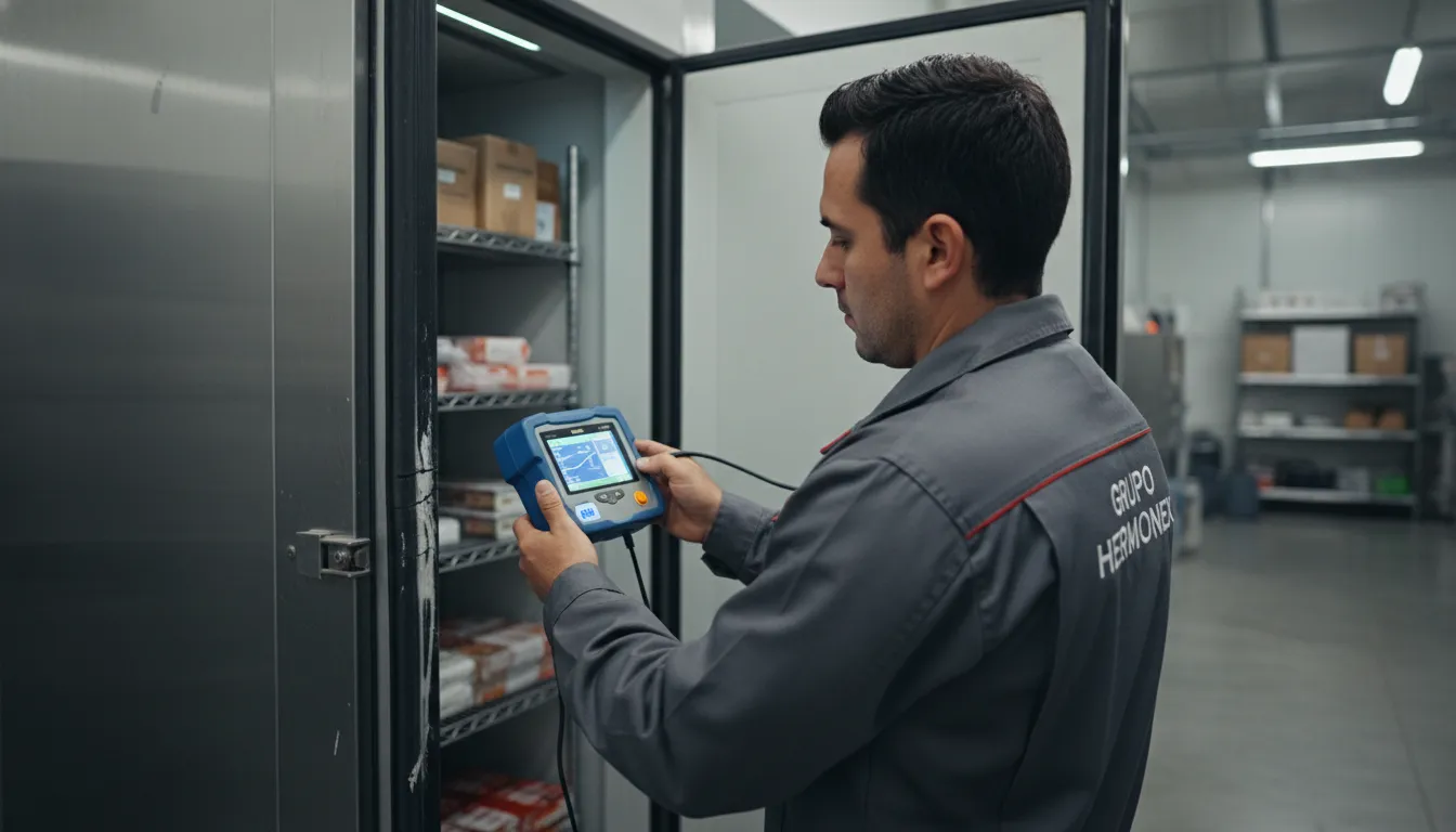 Técnico do Grupo Hermonex realiza detecção de vazamentos em vedação de porta, crucial para manutenção de câmaras frigoríficas.
