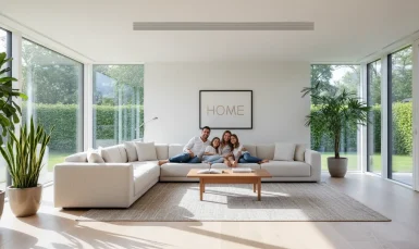 Família feliz desfruta conforto térmico em sala moderna com ar central residencial, evidenciando bem-estar e design.