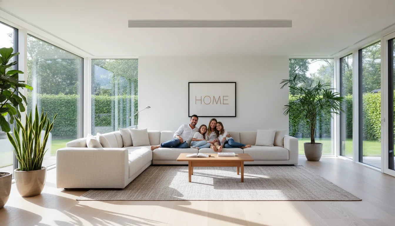 Família feliz desfruta conforto térmico em sala moderna com ar central residencial, evidenciando bem-estar e design.