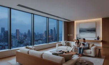 Família desfruta conforto térmico em sala moderna com ar condicionado central residencial, vista cidade.