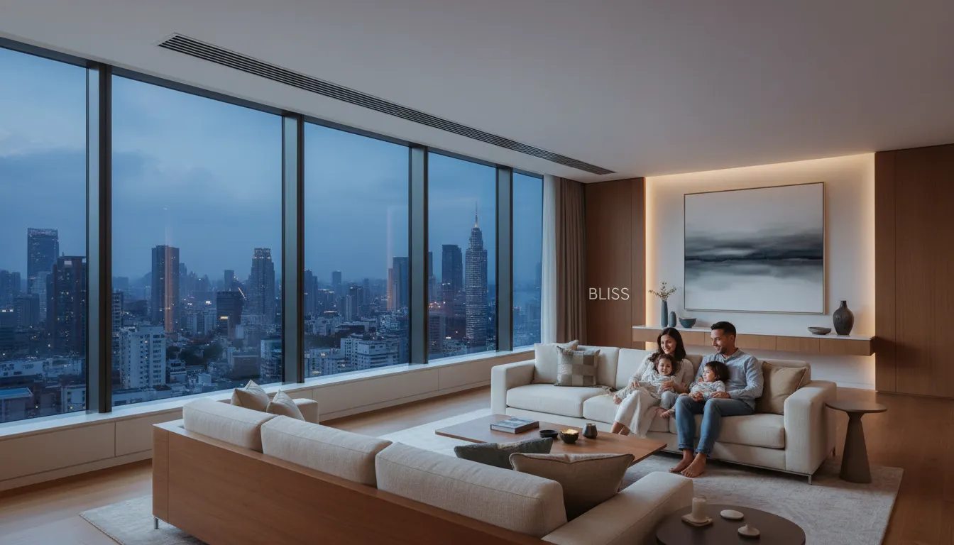 Família desfruta conforto térmico em sala moderna com ar condicionado central residencial, vista cidade.