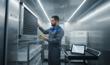 Técnico especializado do Grupo Hermonex realiza manutenção de câmaras frigoríficas, verificando componentes internos com precisão.