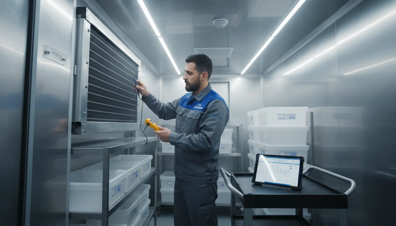 Técnico especializado do Grupo Hermonex realiza manutenção de câmaras frigoríficas, verificando componentes internos com precisão.